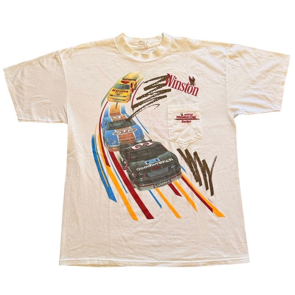 Vintage 1992 NASCAR Winston Cup Series T-Shirt XL White Pocket Tee Single Stitch